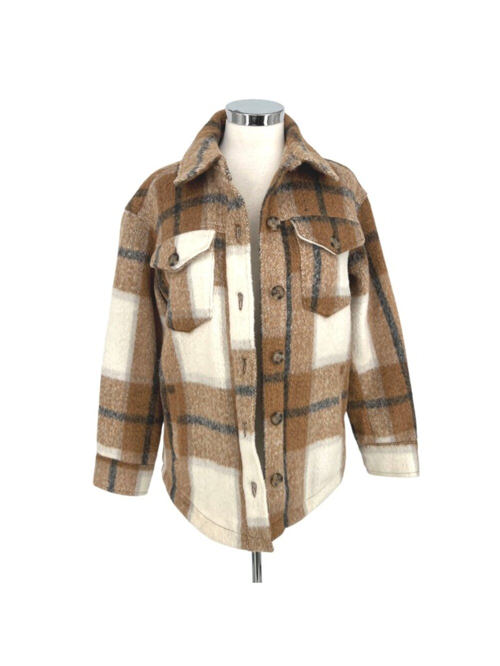 Avec Les Filles Plaid Shacket Jacket Button-Up Brown Cream Size Small Cabincore